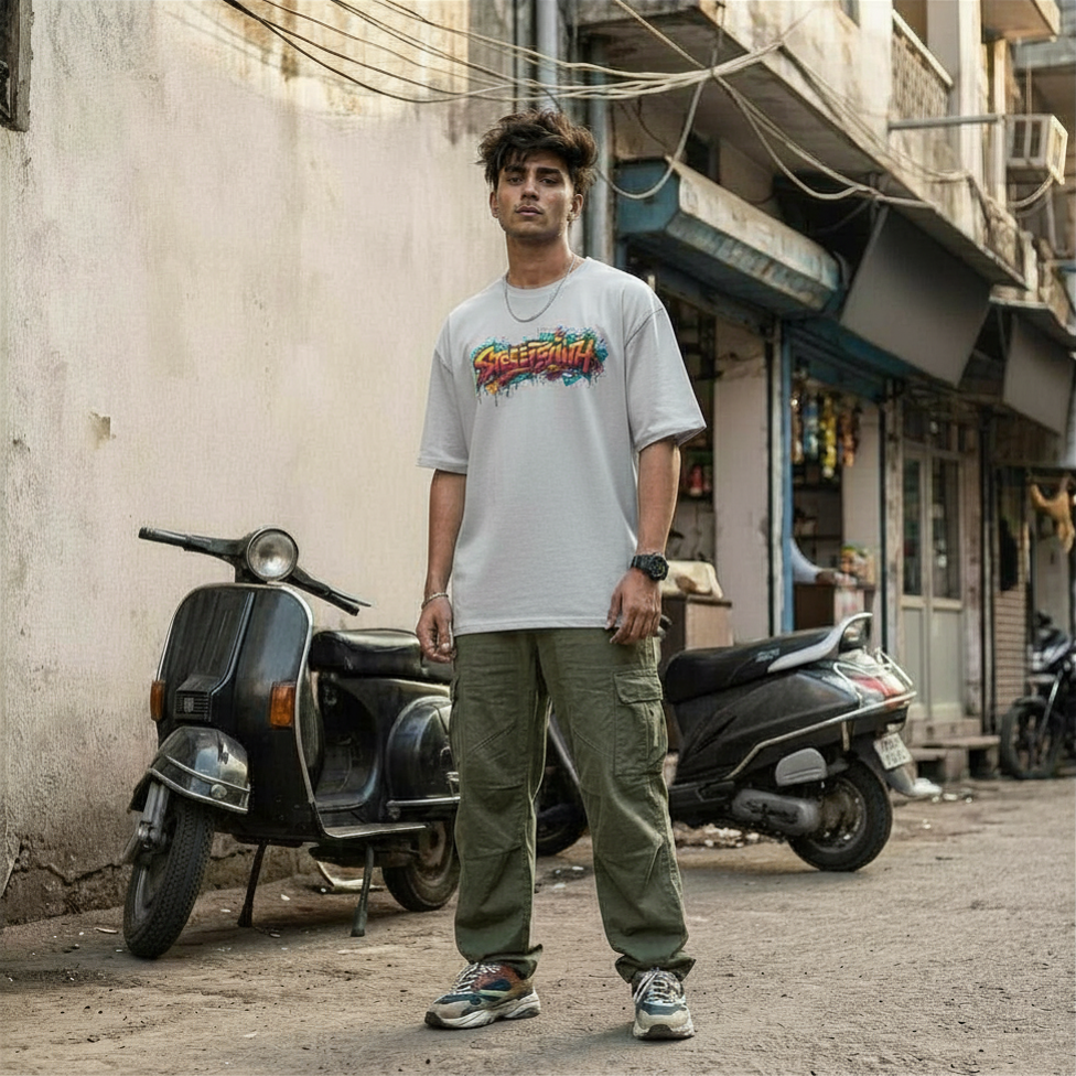 StreetSmith Summer Vibe Oversized T-Shirt Streetwear Outfits Men Silver Frost | StreetSmith