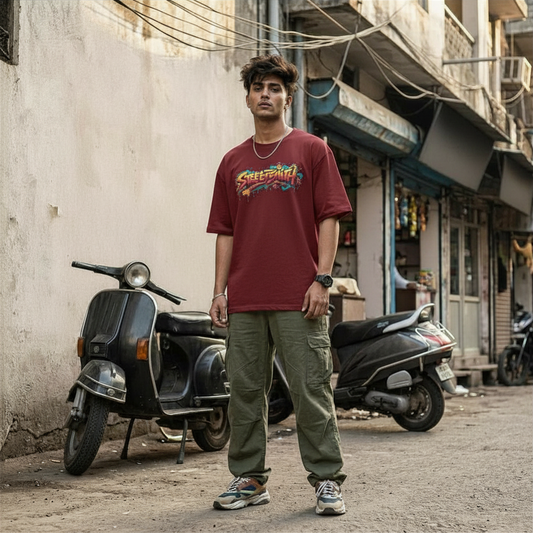StreetSmith Summer Vibe Oversized T-Shirt Streetwear Outfits Men Burgundy | StreetSmith