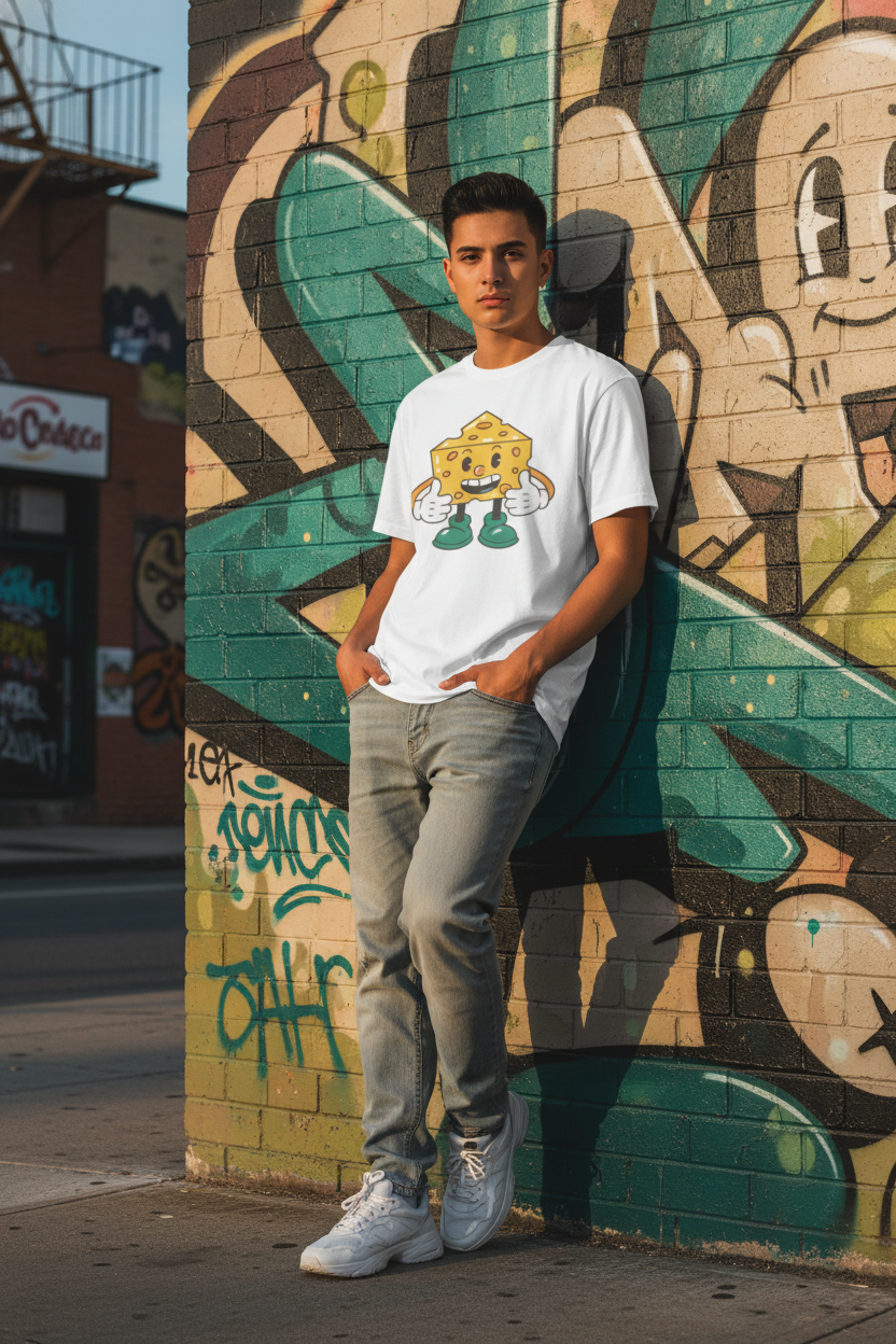 man wearing a white oversized  t-shirt with a graphic design, standing in front of a colorful graffiti wall.