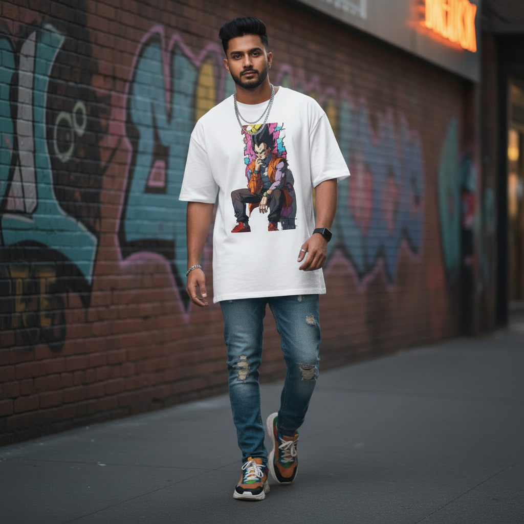 Man wearing a oversized  white t-shirt with a colorful graphic design, standing in front of a graffiti-covered wall.