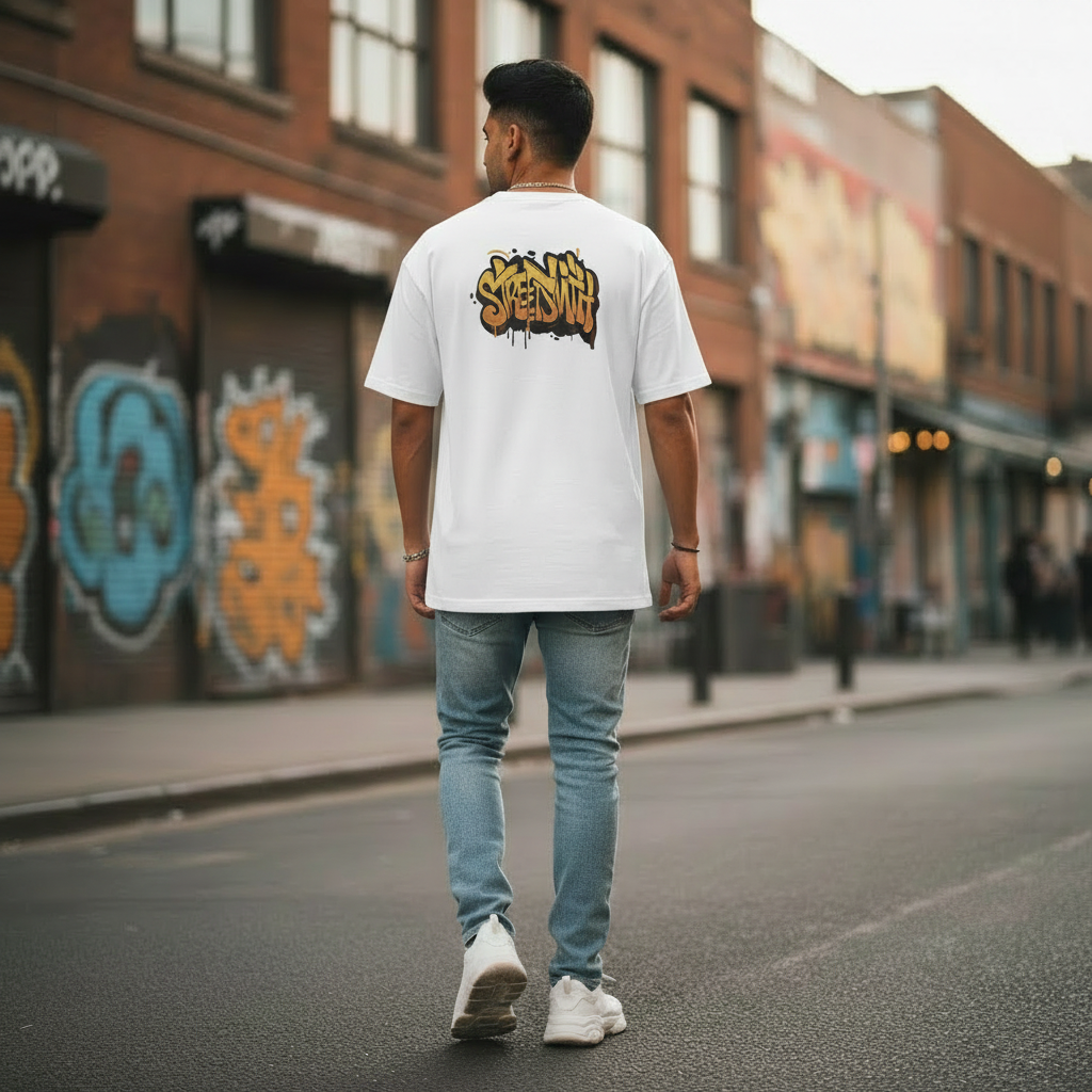 Man walking on a street wearing a oversized white t-shirt with a logo, surrounded by urban graffiti art.