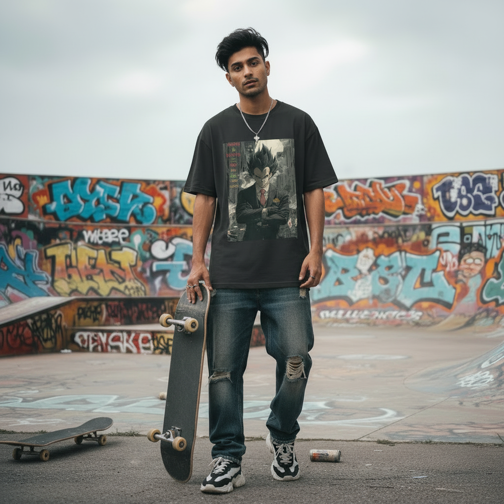 Man holding a skateboard in front of a graffiti-covered wall wearing a bottle gree oversized t shirt