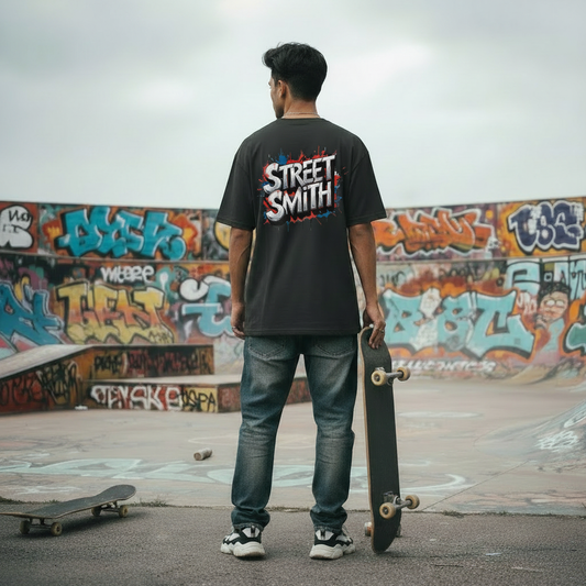Man holding a skateboard with 'Street Smith'  oversized t-shirt in front of graffiti wall