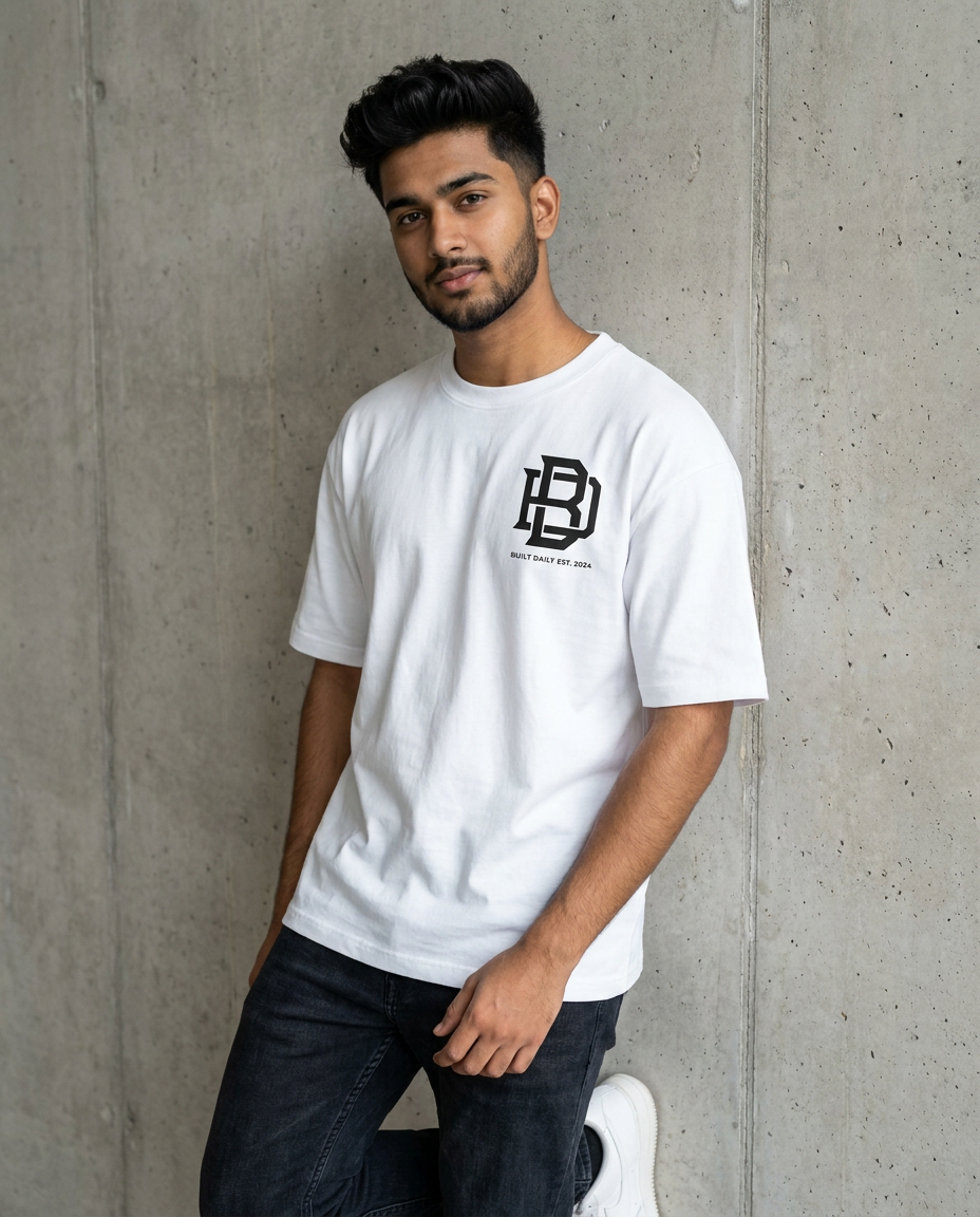 Man wearing a white Oversized t-shirt with a logo against a concrete wall