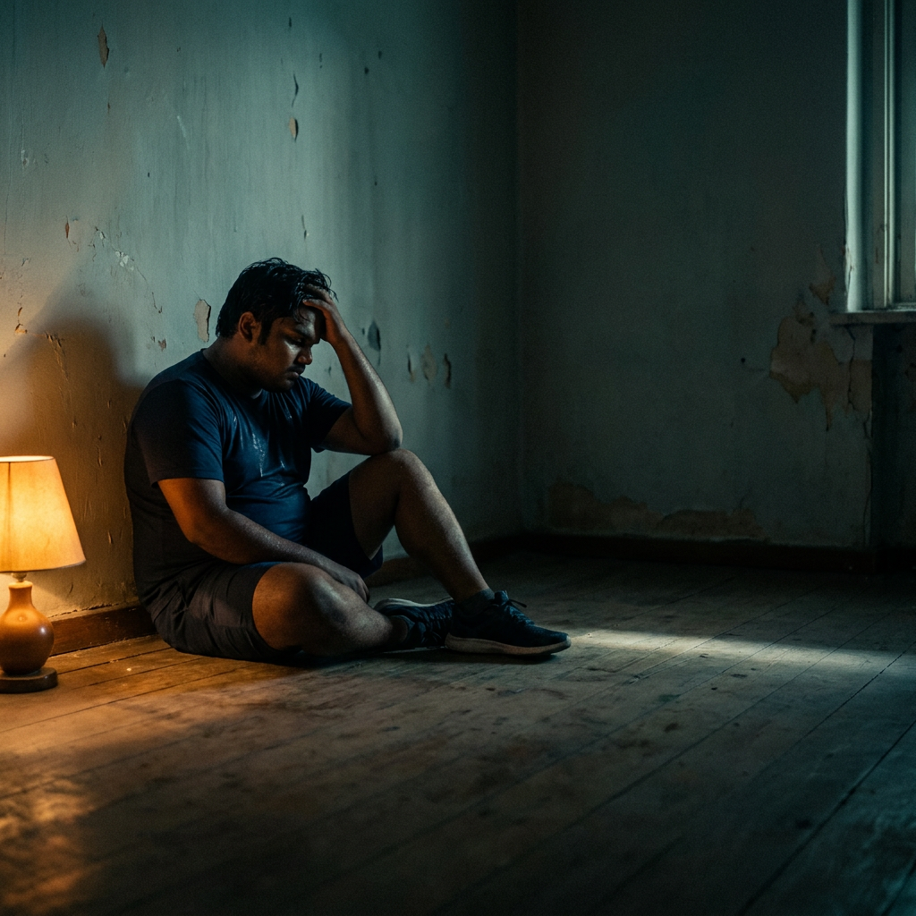 Man sitting alone in a dark room with a lamp casting light on him.