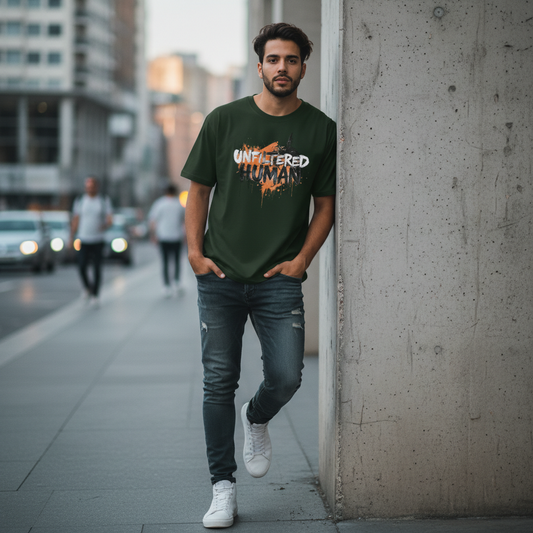 Man wearing a green t-shirt with text standing on a city street.